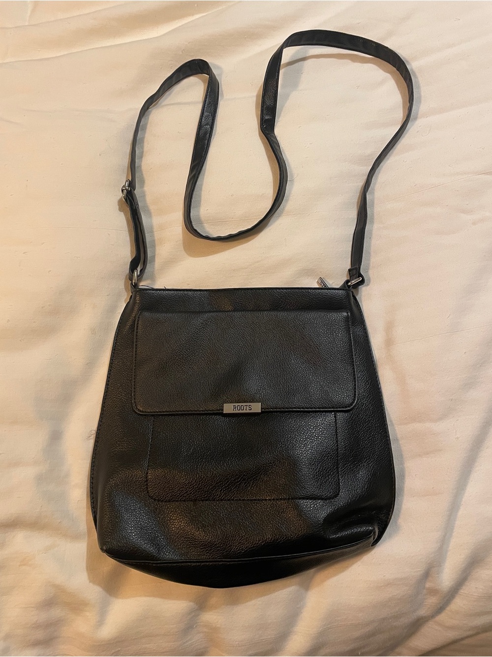 Roots Black Pebbled Leather Look Crossbody with Front Flap